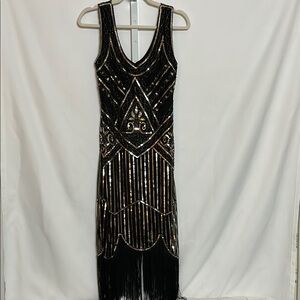 Elegant Black and Gold Beaded Fringe Dress Women’s Size Large Sleeveless 20’s